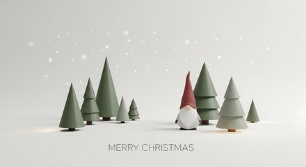 Charming gnome stands among green Christmas trees as snowflakes softly fall during winter