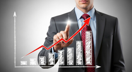 A businessman wearing suit pointing at a red arrow overlaid on a graph shows business growth and market success on gray gradient background, financial concept.