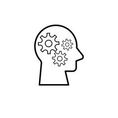 Minimal line icon of a human head with a gear inside, representing thinking, intelligence, problem solving, creativity, and innovation for business and education concepts.