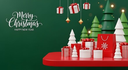 Stylish Merry Christmas wishes are depicted amongst decorative holiday presents and colorful Christmas trees