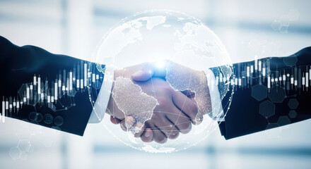 Two businessmen shake hands in a bright office, overlaid with graphs and a digital world map, symbolizing global business and successful partnerships.