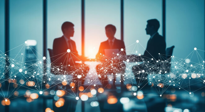 Silhouettes of businessmen in a serious discussion around a table overlaid with a network connection against a cityscape at twilight. The scene evokes a sense of corporate strategy and connectivity.