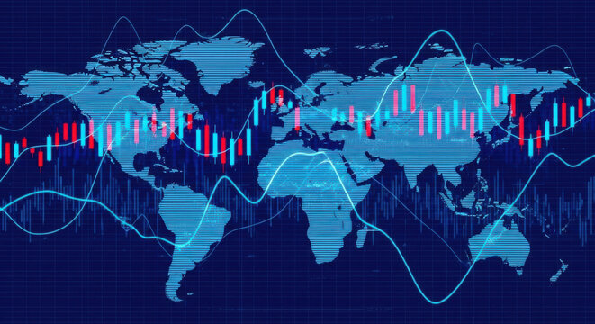 Intricate blue world map background highlighted by red and blue candlestick charts for economic investment and financial market volatility analysis. - Powered by Adobe