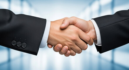 Close up of a firm handshake between two businessmen dressed in suits, symbolizing a successful deal in front of a light blue blurred hallway.