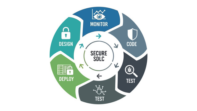 Secure SDLC infographic illustrating software development lifecycle phases monitor, code, test, deploy, and design for cybersecurity and process management