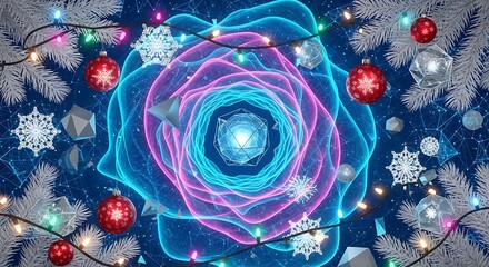 Geometric Christmas ornaments adorn a futuristic tree with neon lights and glowing, ethereal decorations