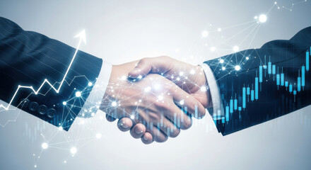 Close-up of a handshake overlaid with financial data and charts against a light blue background, representing investment, data analysis, business deals and financial growth in the stock market.