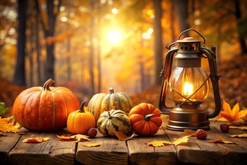 Autumn harvest display with pumpkins, gourds, and glowing lantern