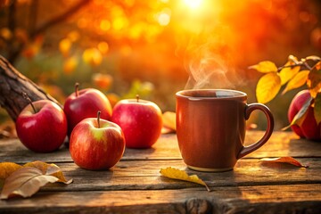 Golden hour: steaming mug and fresh red apples on rustic table