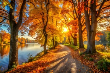 Golden autumn path by serene lake with bright sunburst through trees
