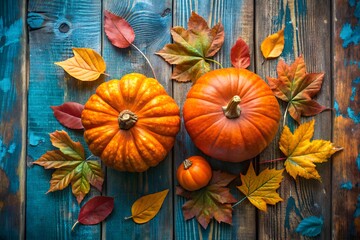 Rustic autumn scene with pumpkins and colorful fall leaves