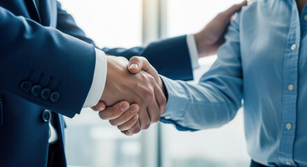 A close-up shot showcases a handshake between two business individuals, one in a navy suit jacket and the other in a light blue shirt, set against a bright, neutral background.