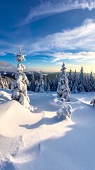 Snowy firs in a winter wonderland under a brilliant blue sky