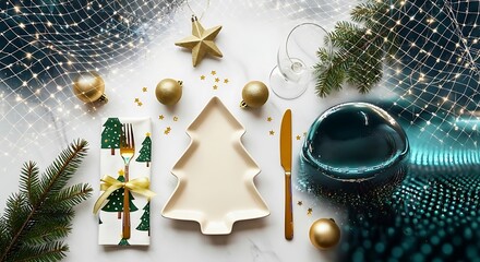 Holiday spirit infuses this marble table set with a Christmas tree plate, ornaments, and fir sprigs