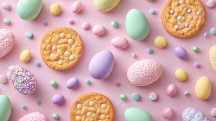 A colorful Easter egg and cookie pattern on a pink background with pastel colors and sprinkles.