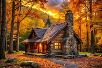 Rustic log cabin bathed in golden autumn light at warm sunset.