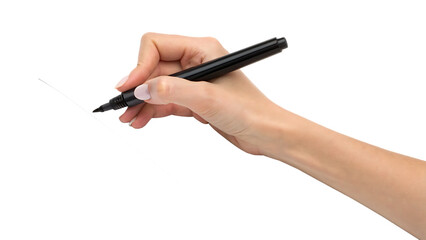 Female hand holding a black marker and about to write cut out on PNG. AI GENERATED.