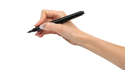 Female hand holding a black marker and about to write cut out on PNG. AI GENERATED.