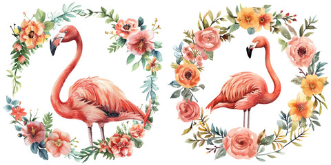 flamingo with flowers wreath watercolor vector illustration
