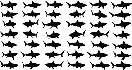 Large collection of black shark silhouettes, vector set of marine predators, swimming ocean fish icons, and dangerous animal shapes isolated on white background.