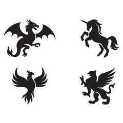 Mythical Creature Silhouette Logo Set – Dragon, Unicorn, Phoenix, Griffin