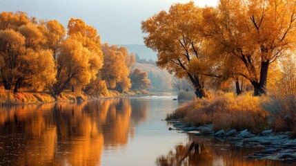Autumn landscape with trees in vibrant yellow and orange hues, reflecting on a calm river, with a soft, hazy sky in the background.