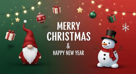 Cheerful Christmas background features a cute gnome, snowman, gifts and string lights against festive colors