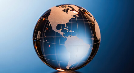 Crystal globe showing the Americas is displayed on a gradient blue background with light reflections. It highlights global perspective and connectivity in a conceptual image.