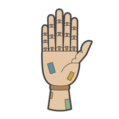 Fototapeta premium Wooden Artist Mannequin Hand Front View Minimalist Flat Vector Art Clean Sticker Style With Patches On Black Background