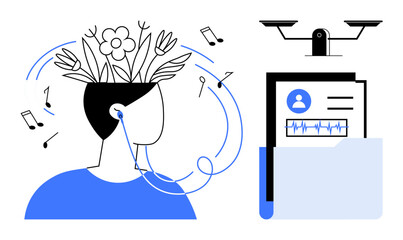 Wellness lifestyles, privacy, data security, self-care, technology impact, creative expression. Person with flowers and music notes paired with folder and security camera. Wellness lifestyles