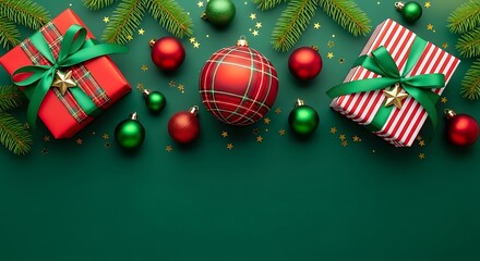 Festive presents with red, green, and white wrapping lie among pine branches and star confetti