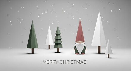 Christmas gnome stands among minimalist fir trees while snowflakes gently fall on a snowy surface