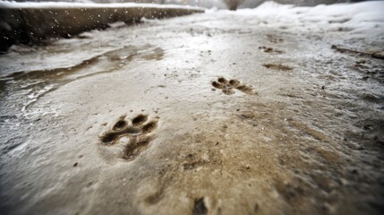 Dog paw prints in wet snow, with a blurred background