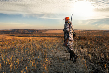 man hunter with gun while walking on field. autumn hunting season. male hobby.