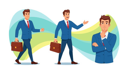 Successful Business Man in Action: Walking, Presenting, and Contemplating Strategy