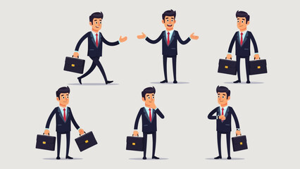 Cartoon Businessman in Various Poses: Professionalism and Efficiency Represented in Vector Format
