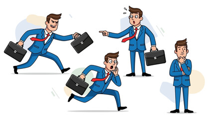 Cartoon Businessman in Various Poses Depicting Stress and Decision-Making Situations