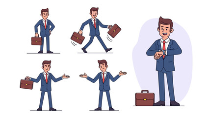 Illustrations of a businessman in various poses with a briefcase and a wristwatch