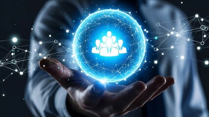 Digital network concept with hand holding glowing sphere and people icon