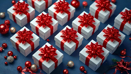 Festive Gift Ensemble: A visually captivating arrangement of elegant, white gift boxes, each adorned with a vibrant red bow, symbolizing joy and the spirit of giving.