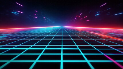 A futuristic, neon-lit grid landscape with a dark, starry sky in the background, featuring a grid of glowing lines and a central point of light.