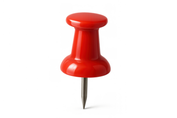 Red pushpin creating a marker or locator symbol, pushing location on a map or important note, office supply tool for organization