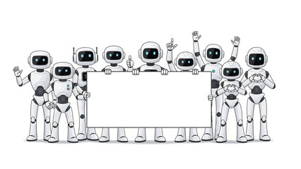 Group of cheerful cartoon robots holding a blank white sign for technology concept