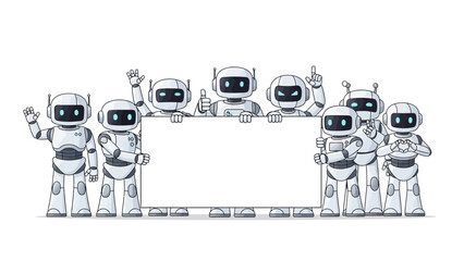 Group of friendly cartoon robots holding a blank banner for your message or content
