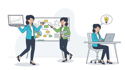 Businesswoman Illustrating Presentation on Whiteboard and Generating Ideas with Laptop