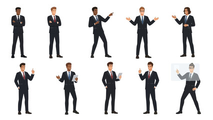 Diverse business professionals in formal suits showcasing various poses and presentations