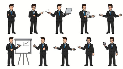 Diverse businessman illustrations, showcasing various actions and technology interactions in business setting