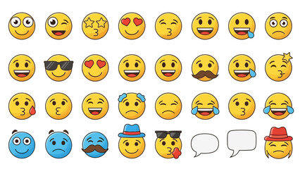 Diverse collection of expressive emoji icons conveying various emotions and moods
