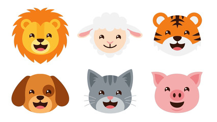Cute cartoon animal faces collection: lion, sheep, tiger, dog, cat and pig icons
