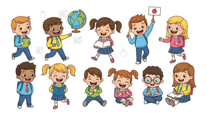 Cartoon Illustration of Happy School Children in Diverse Poses and Learning Activities